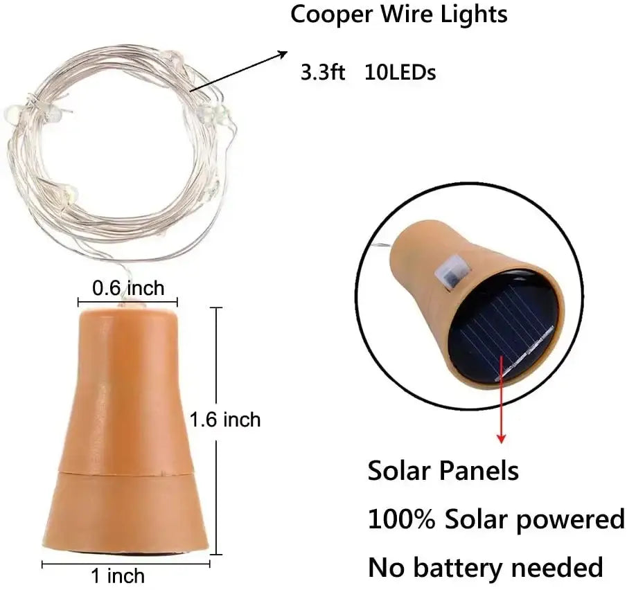 DecorBites solar wine bottle fairy lights featuring tan plastic solar string with 10 clear LED bulbs on coiled copper wire