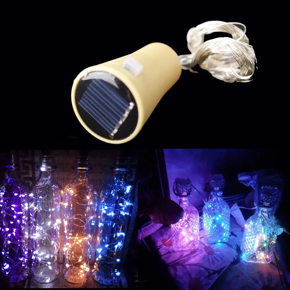 Yellow solar wine bottle led string lights with cylindrical plastic housing and bundled wire for home decoration