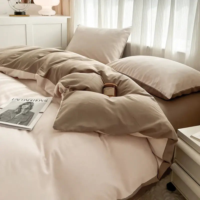 Beige and cream two-tone solid color duvet cover set made from soft brush fabric in the DecorBites™ 4-piece bedding set