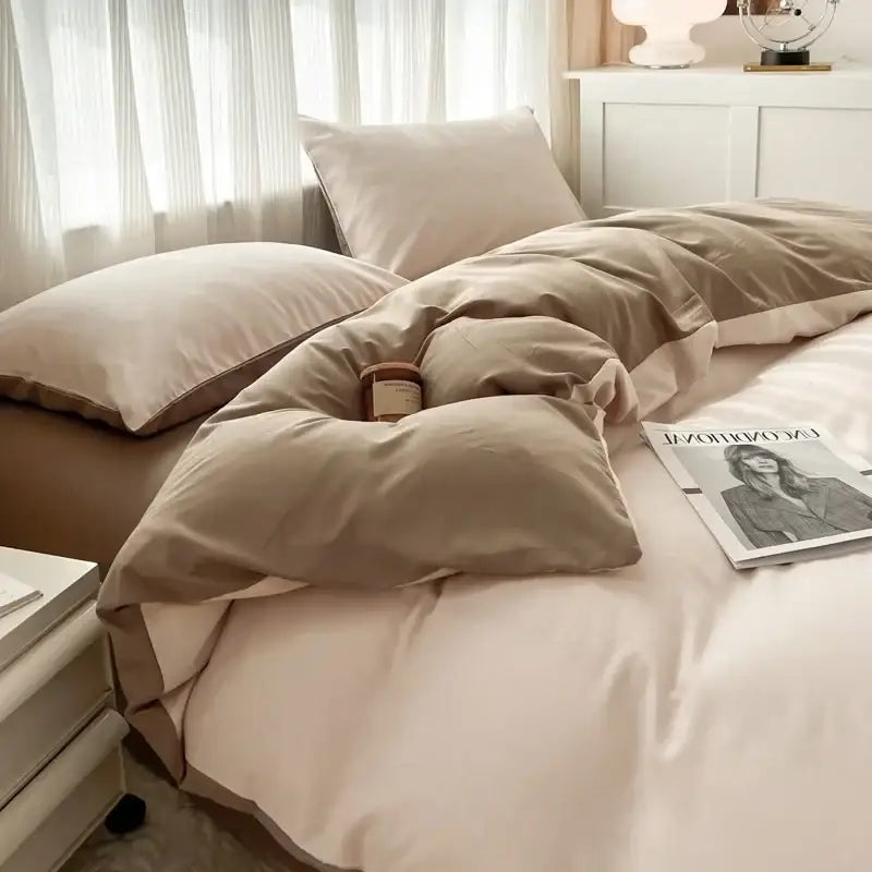 Beige and cream solid color duvet cover bedding set with soft plush brush fabric by decorbites 4 pieces