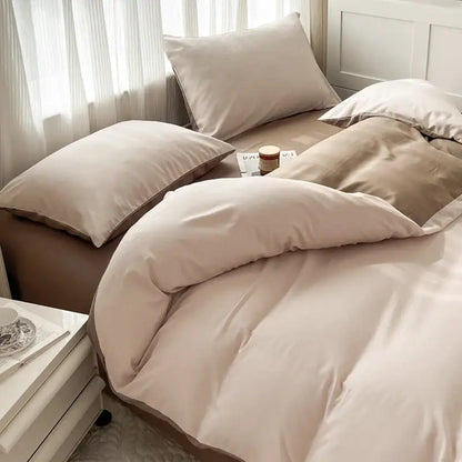 Beige satin duvet cover set with brush fabric featuring solid color and subtle contrast piping by DecorBites™