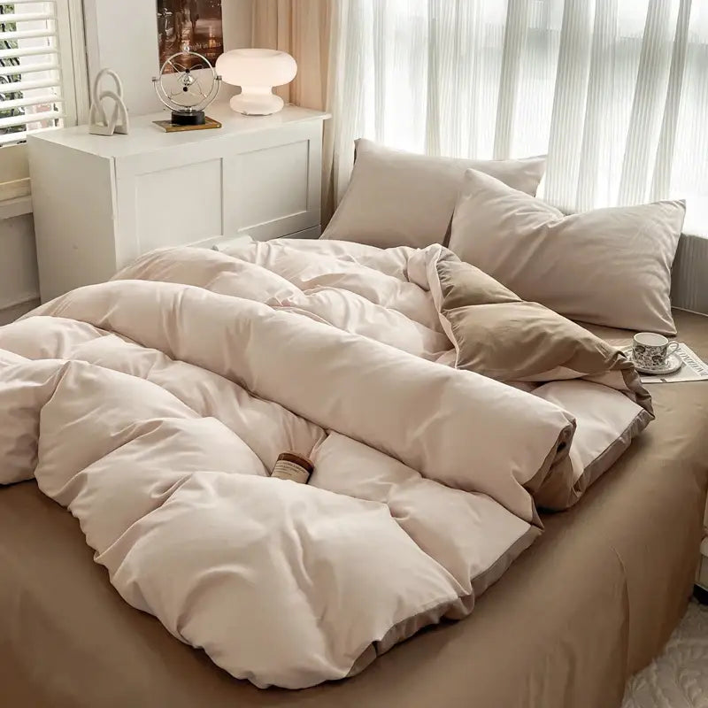 Cream-colored plush quilted duvet cover with solid color brush fabric and subtle stitching from decorbites bedding set