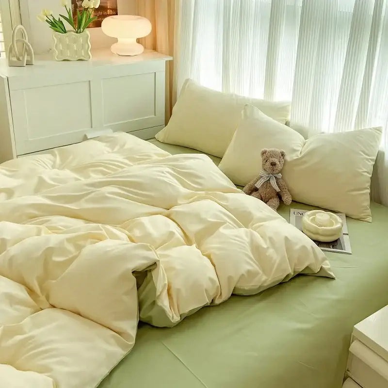 Cream-colored plush quilted duvet cover in solid color brush fabric from decorbites 4 piece bedding set