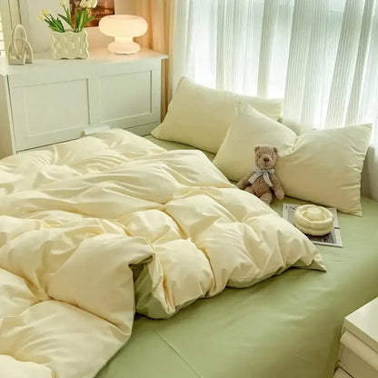 Cream-colored plush quilted duvet cover in solid color brush fabric from decorbites 4 piece bedding set