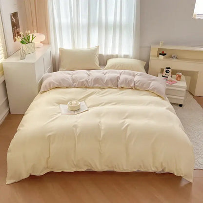 Cream-colored DecorBites™ solid color brush fabric bedding set with duvet cover and matching pillows in satin-like finish