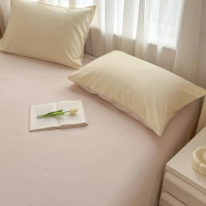 Cream-colored solid color brush fabric pillowcases with smooth glossy finish from decorbites duvet cover set