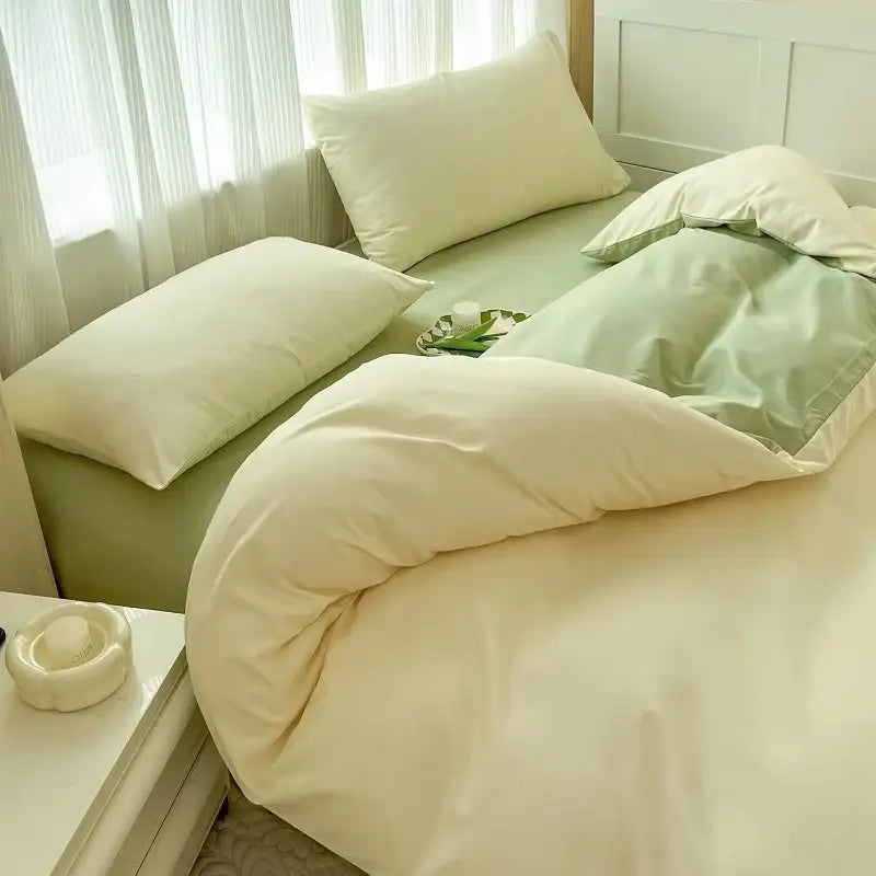 Cream-colored decorbites™ solid color brush fabric duvet cover with plush texture and matching light green pillowcases