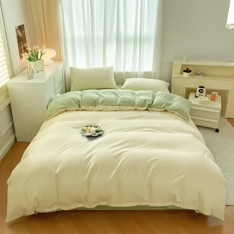 Cream-colored satin duvet cover set with solid color soft mint green brush fabric accent panel by decorbites