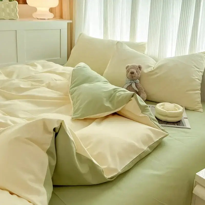 Cream and sage green solid color brush fabric duvet cover set with a plush teddy bear on pillows by decorbites