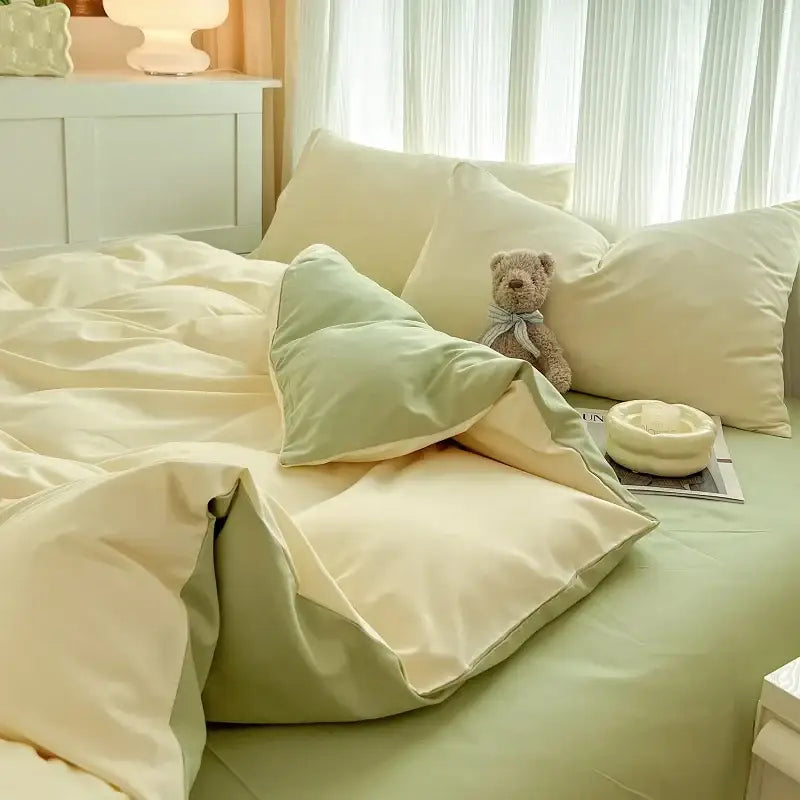 DecorBites™ solid color cream and sage green two-tone brush fabric duvet cover set with a soft satin-like finish