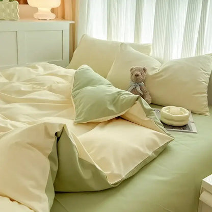 DecorBites™ solid color cream and sage green two-tone brush fabric duvet cover set with a soft satin-like finish