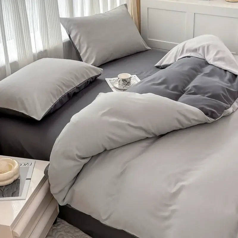 Gray solid color duvet cover set with brush fabric texture including plush pillowcases by DecorBites™