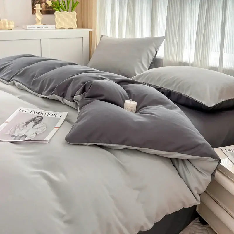 Gray velvet solid color duvet cover set with brush fabric and lighter gray trim by decorbites 4 pieces
