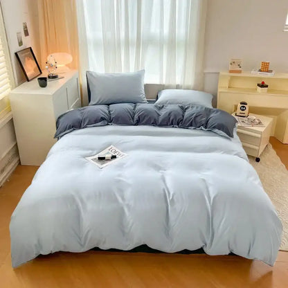Light blue solid color duvet cover set with matching pillowcases in soft brush fabric by DecorBites™