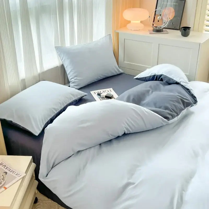 Light blue and dark gray solid color duvet cover set with soft quilted brush fabric by decorbites 4 pieces