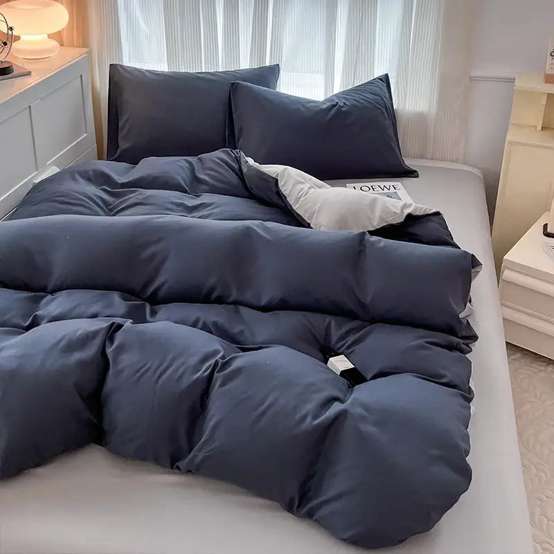 Decorbites navy blue quilted solid color brush fabric duvet cover set with matching and white accent pillows