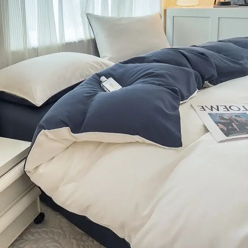 Navy blue and cream two-tone quilted duvet cover set made of solid color brush fabric by DecorBites 4 pieces
