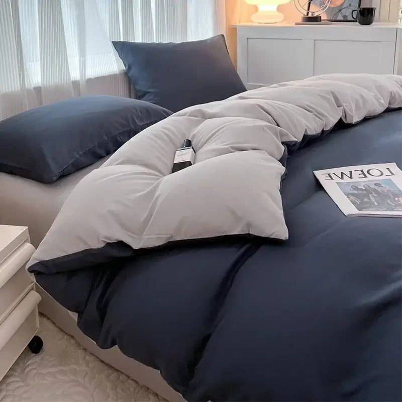 Navy blue and light gray solid color quilted duvet cover set made of brush fabric by DecorBites™ in 4 pieces