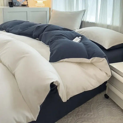 Navy blue and cream two-tone quilted duvet cover set in solid color brush fabric from decorbites 4 pieces bedding set