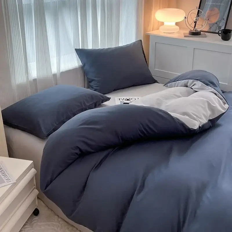 Navy blue quilted duvet cover with white inner lining in decorbites solid color brush fabric bedding set