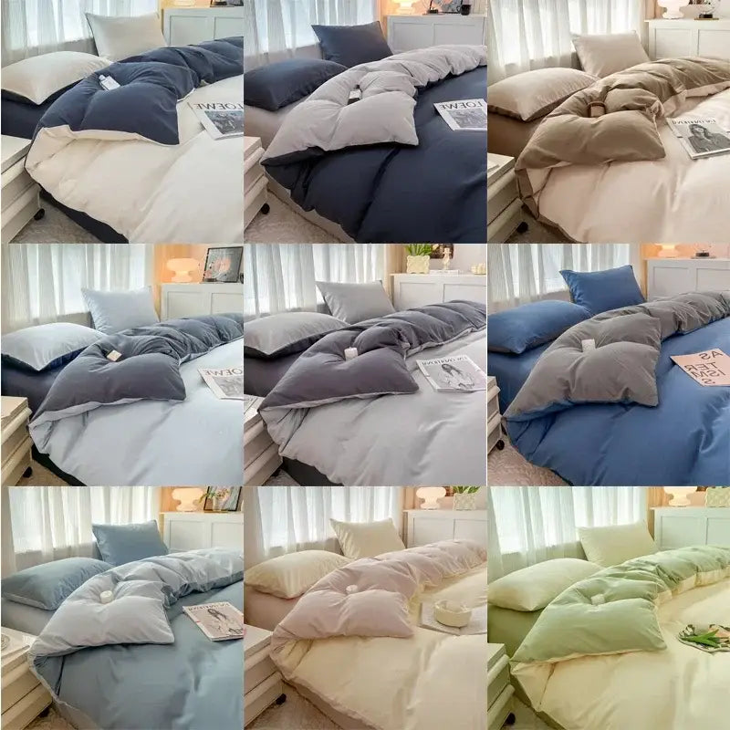 Set of nine decorbites™ solid color brush fabric duvet covers in soft neutral and pastel tones for cozy bedding