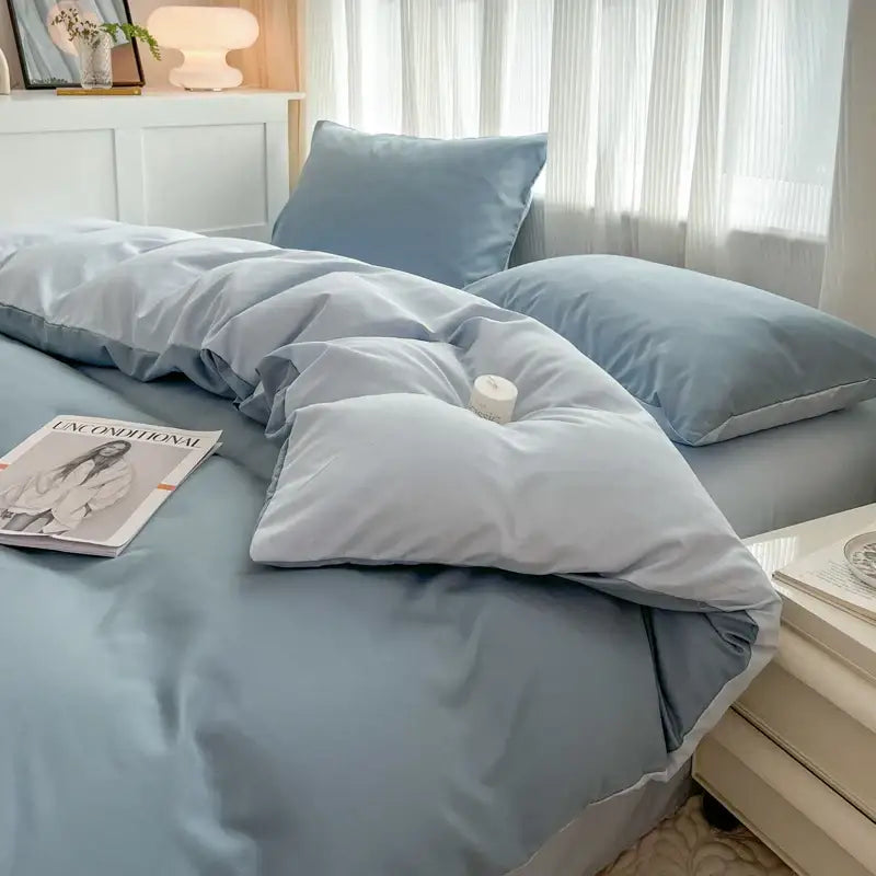 Decorbites™ solid color brush fabric duvet cover set in soft light blue with matching pillows and satin-like finish