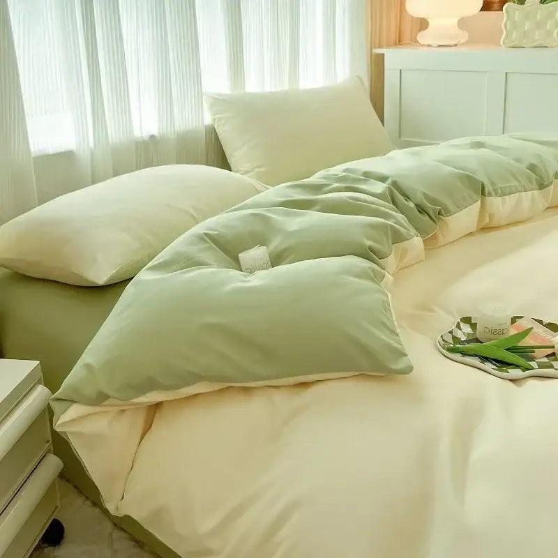 Soft mint-green and cream two-tone quilted duvet cover set in solid color brush fabric for cozy bedding by decorbites