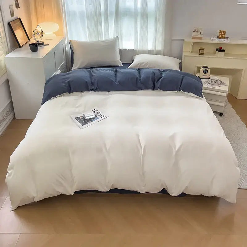 DecorBites solid color brush fabric duvet cover set in white and navy blue with a quilted plush texture