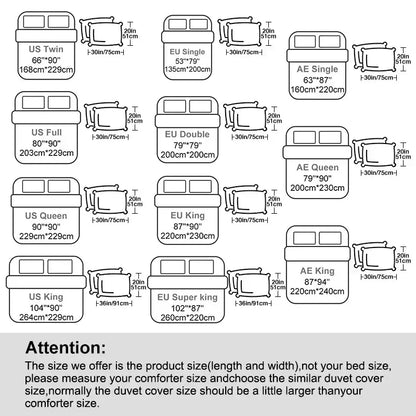 Duvet cover size chart for DecorBites™ solid color brushed duvet cover set showing measurements for various bed sizes