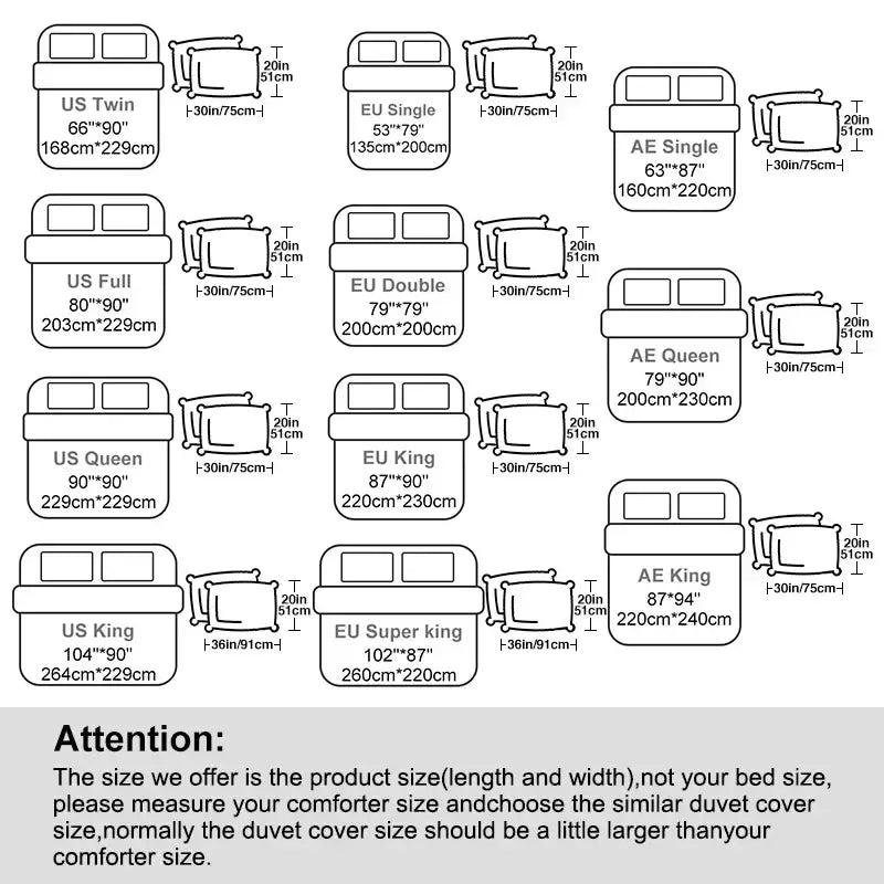 Duvet cover size chart for DecorBites™ solid color brushed duvet cover set showing measurements for various bed sizes