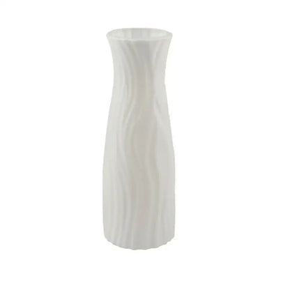 A sleek white solid color plastic flower vase with wavy texture and flared rim for home decor by decorbites