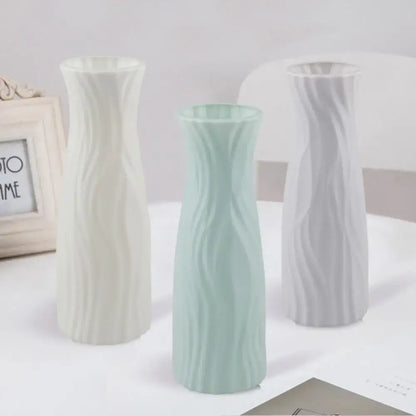 DecorBites™ solid color plastic flower vase set with three slender textured vases in off-white mint green and light gray