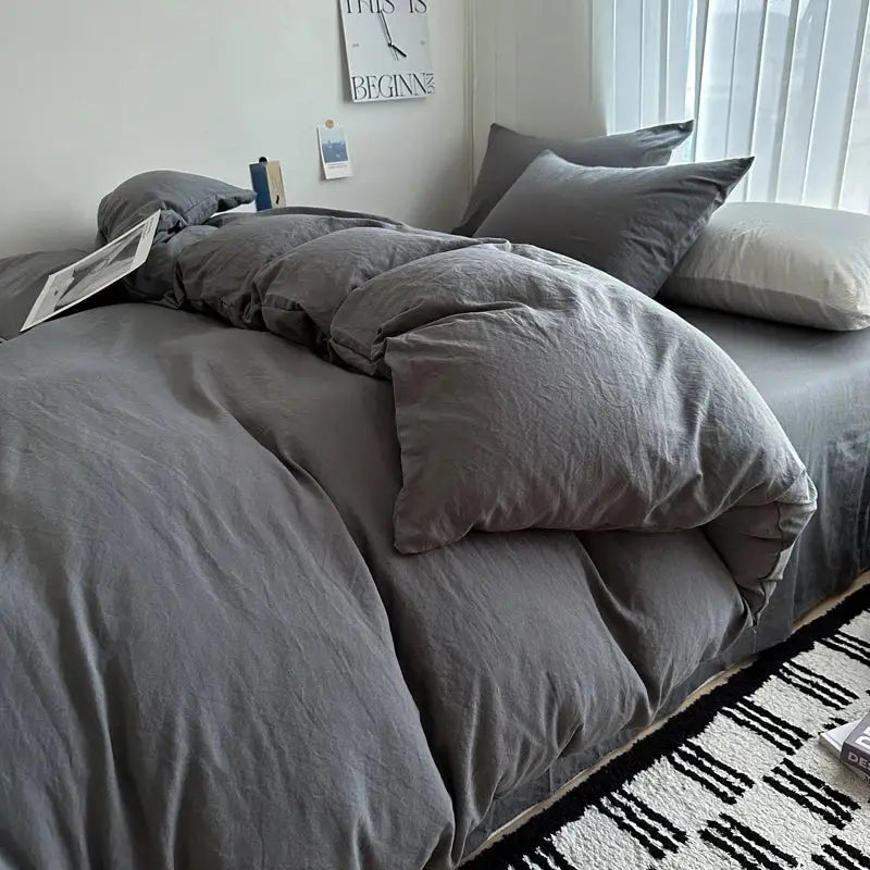 Beige DecorBites™ solid cotton bedding set with softly textured duvet cover and matching pillows in various sizes
