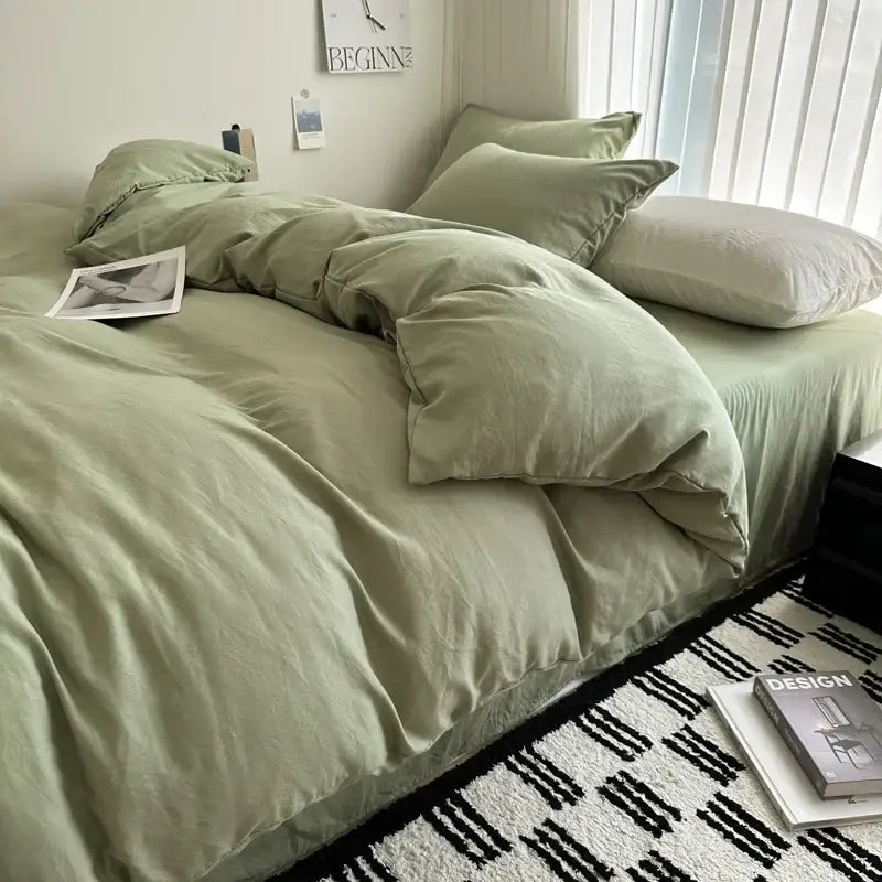 Soft sage green solid cotton bedding set with linen duvet cover and matching pillows from decorbites in various sizes