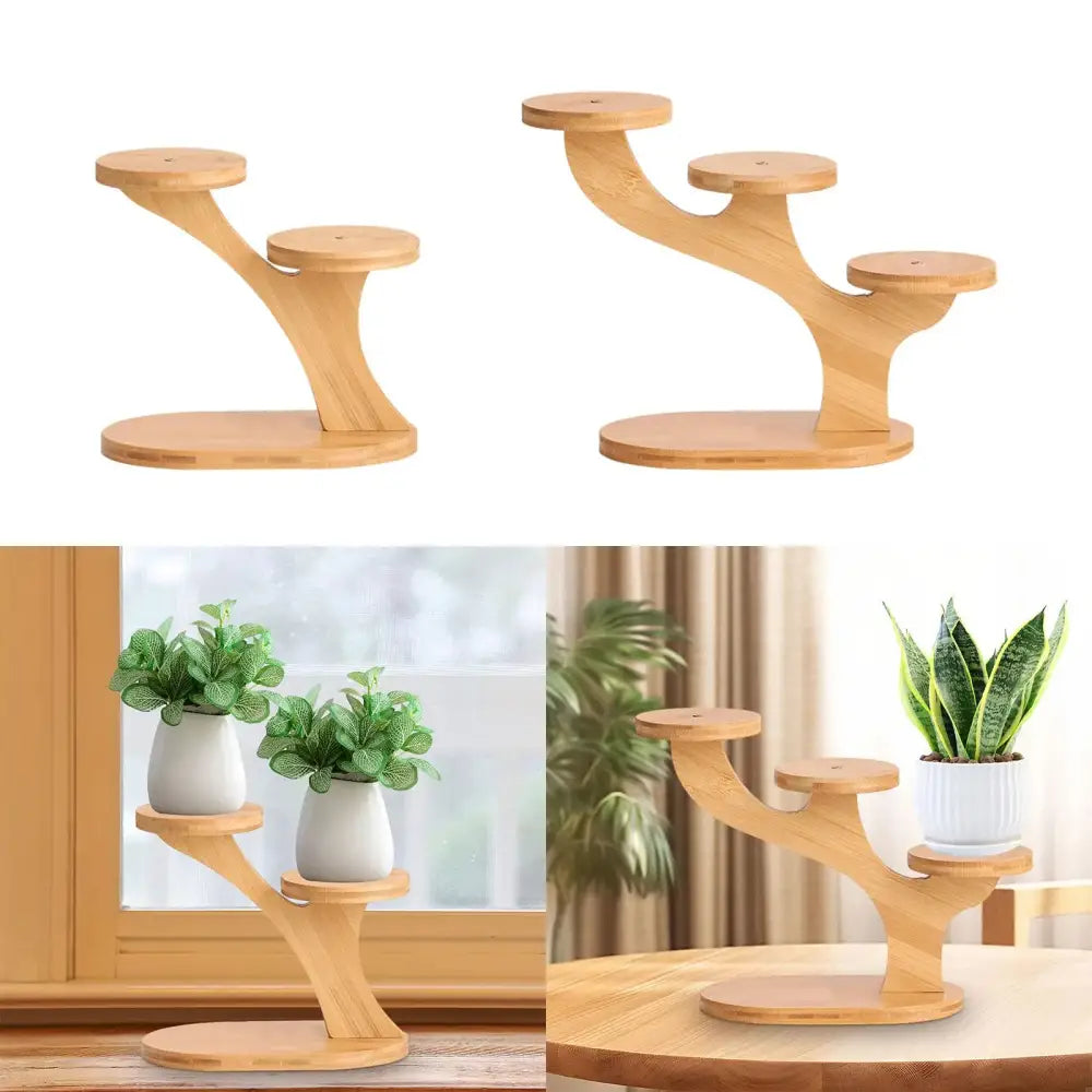 Light-colored bamboo flower pot stand by DecorBites with three circular tiers for space-saving plant display