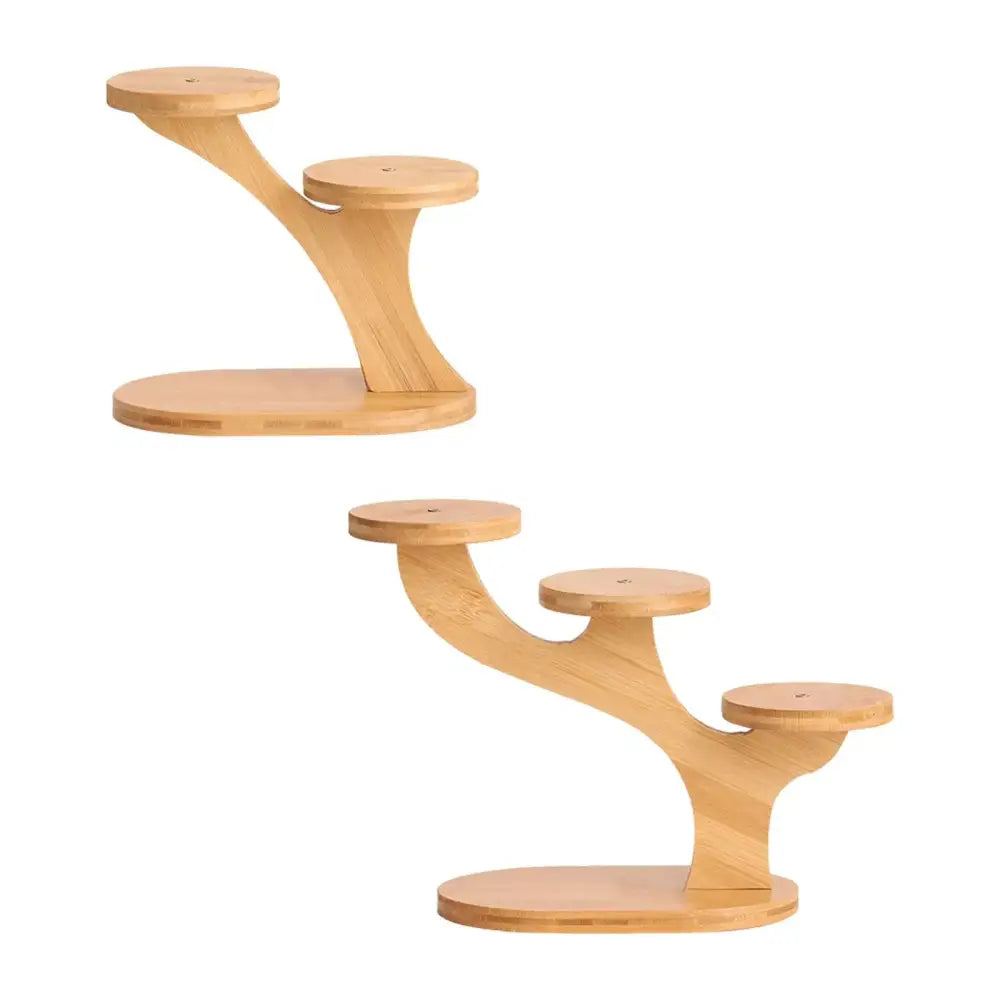 Light-colored wooden flower pot stand with three tiered circular platforms and a curved tree-like base for home use