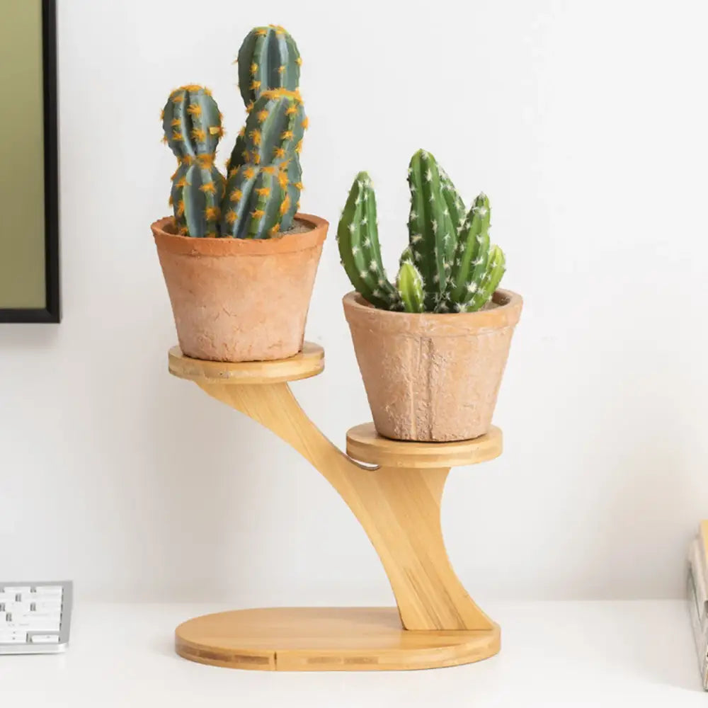 Light wood two-tier cactus stand with textured terracotta pots holding green spiky plants