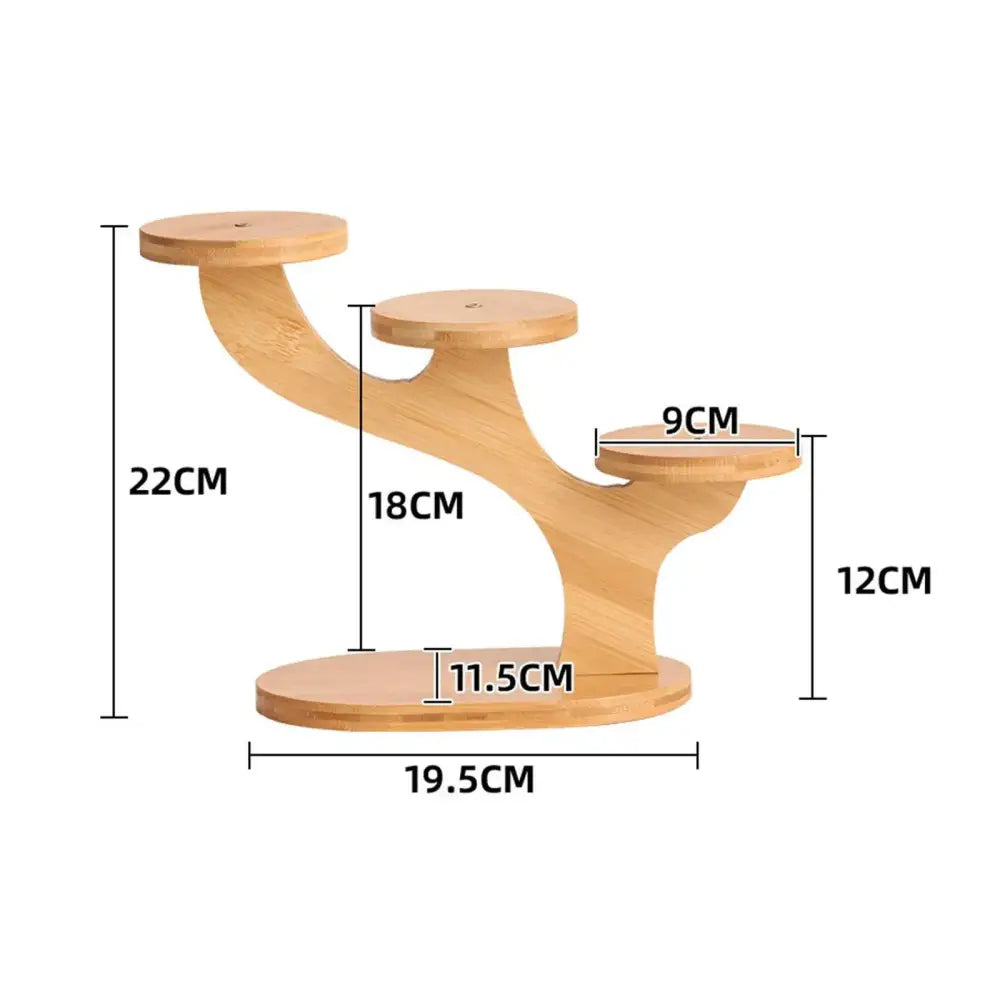 Light brown bamboo flower pot stand with three tiered circular platforms and curved tree like base for home use