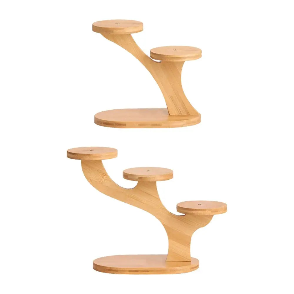 Light-colored bamboo decorbites™ flower pot stand with three tiered circular platforms for home and office use
