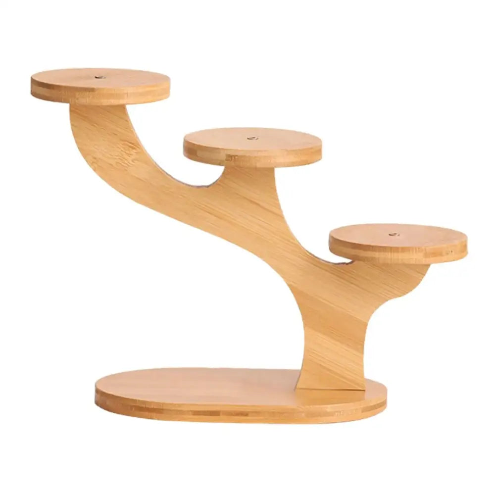Light-colored bamboo DecorBites™ flower pot stand with three curved tiers for space-saving home and office display