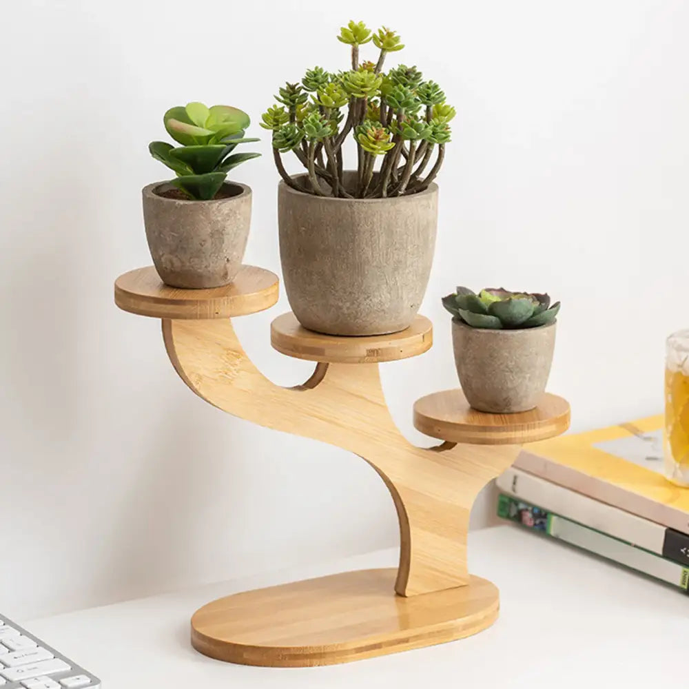 Decorbites™ light wood three-tiered flower pot stand with circular platforms holding concrete succulents for home and office