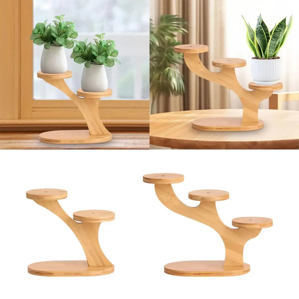 Light-colored wooden flower pot stand with branching tree-like design and three circular platforms for home and office