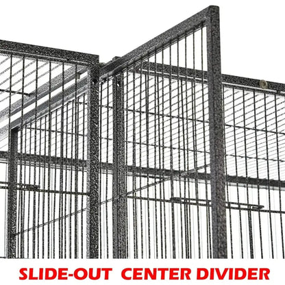 Black wrought iron double flight bird cage featuring a slide-out center divider and breeding nest doors by DecorBites