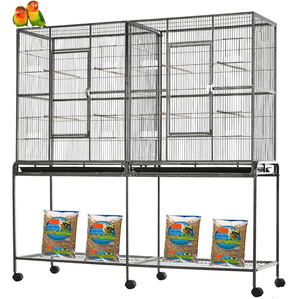 Black wrought iron double flight bird cage with breeding nest doors and multiple compartments on wheels by DecorBites