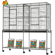 Black wrought iron double flight bird cage with breeding nest doors and multiple compartments on wheels by DecorBites