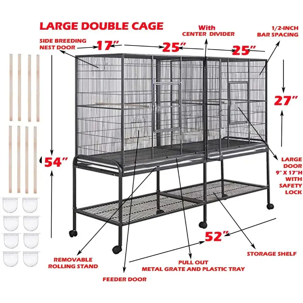Black metal double flight bird cage with wrought iron frame breeding nest doors and removable rolling stand