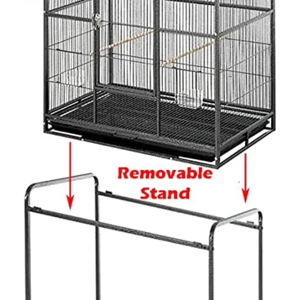 Black metal double flight bird cage with wrought iron frame and breeding nest doors on removable stand by DecorBites™