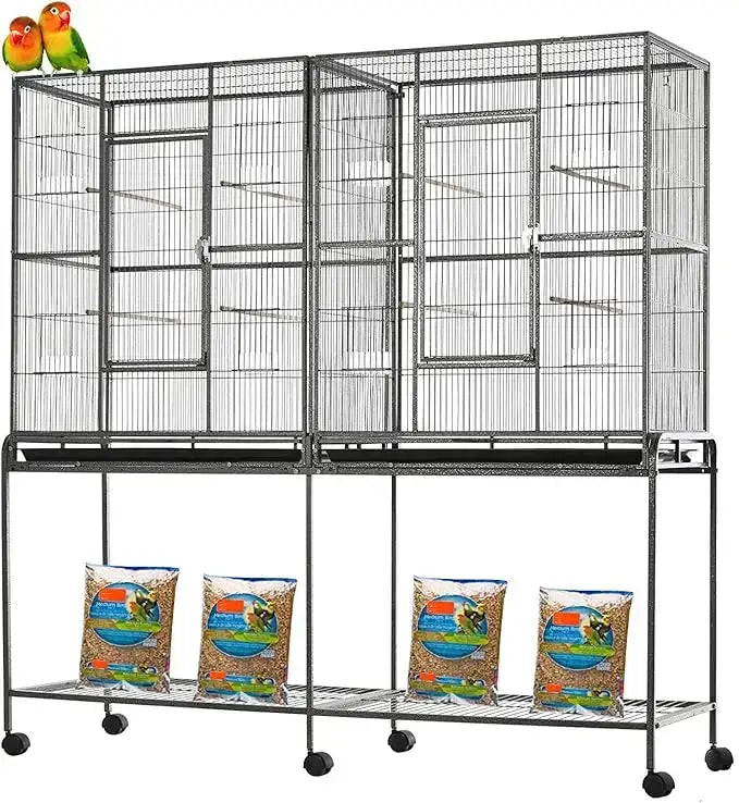 Decorbites™ black wrought iron double flight bird cage with breeding nest doors and wheels featuring colorful parrots