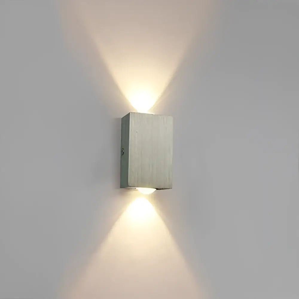 Modern brushed silver rectangular decorbites sphera wall sconces with two downward-facing led lights for indoor use
