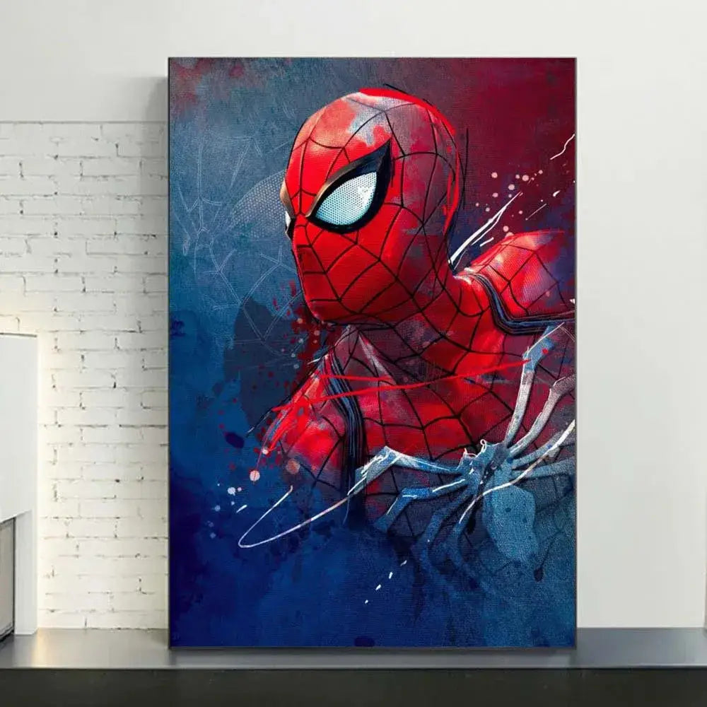 Red and blue spiderman watercolor canvas poster with dynamic splattered effect for home decor by DecorBites™